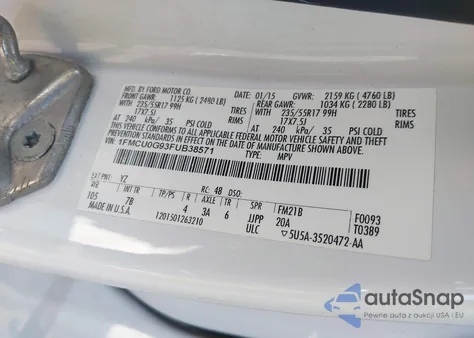 2015 Ford Escape Se z USA, uszkodzony, nr VIN 1FMCU0G93FUB38571